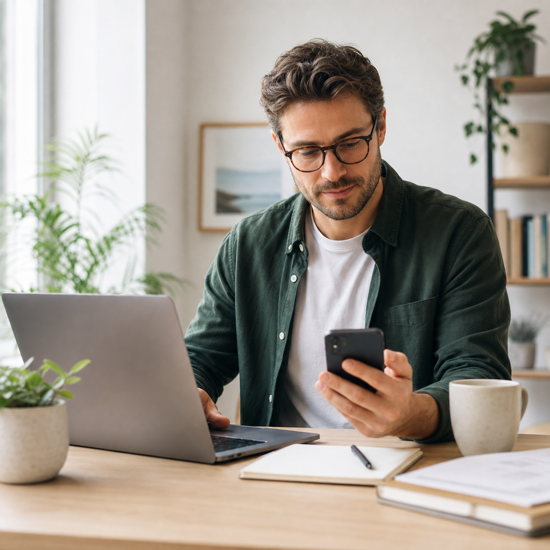 Consultant using a phone beside a laptop