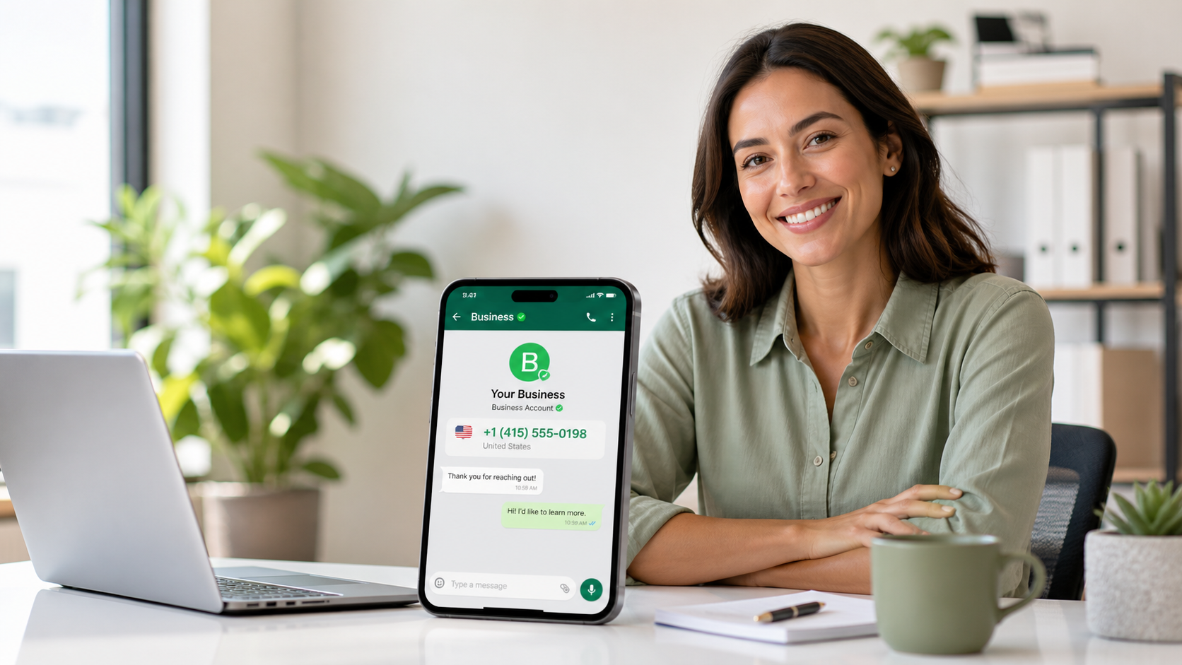 Phone showing a virtual WhatsApp Business number setup