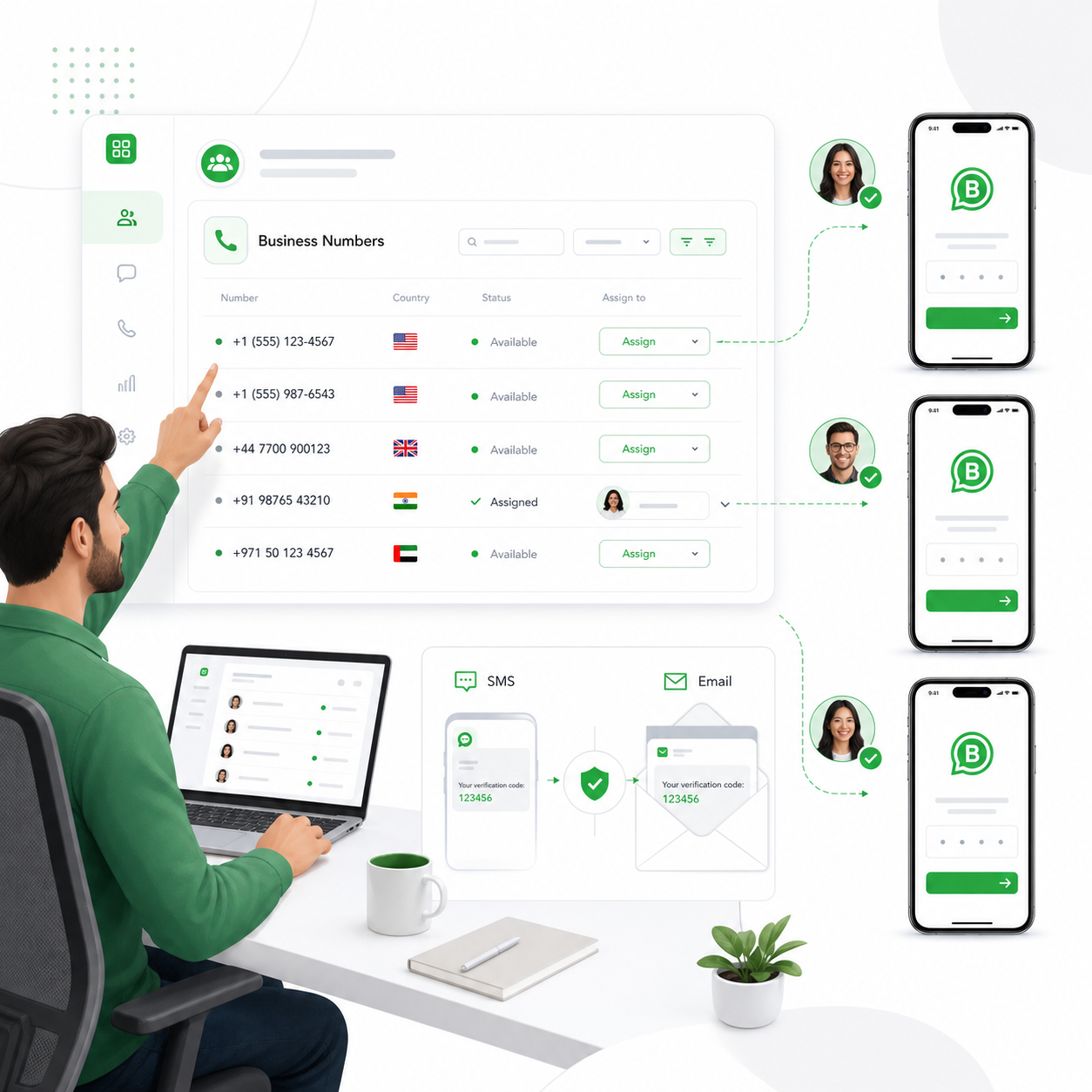 Admin assigning virtual business numbers to employees with WhatsApp Business verification