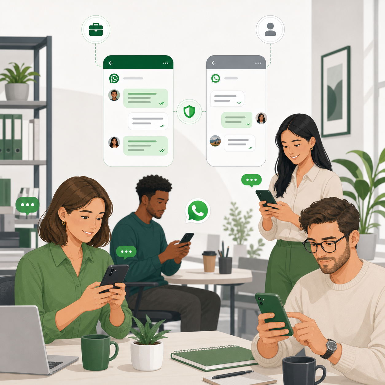 Team members messaging customers on their own phones with work and personal chats separate