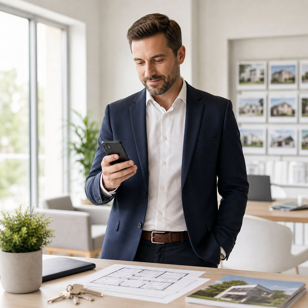 Estate agent reviewing client messages on a smartphone