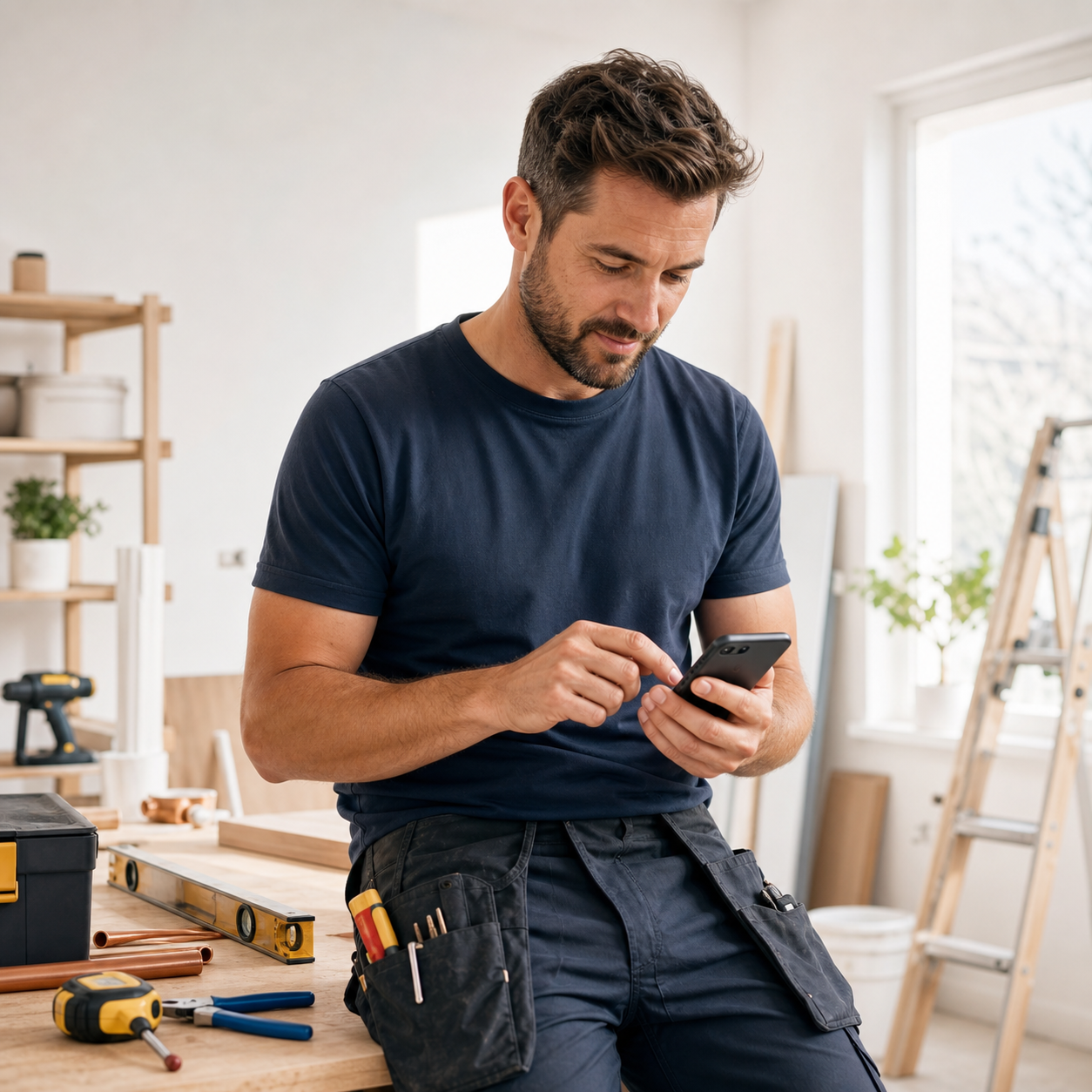 Tradesperson reviewing customer messages beside work tools