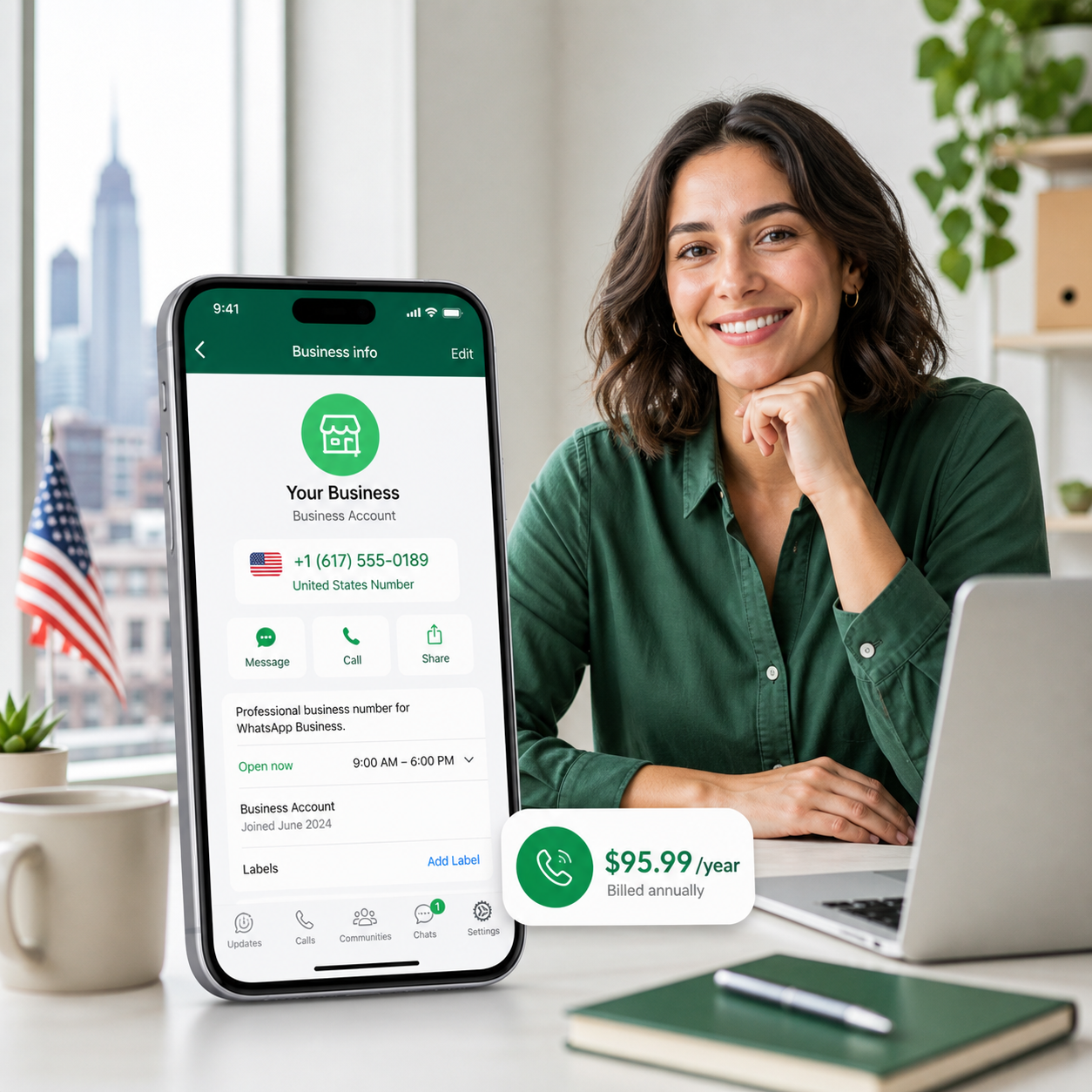 Smartphone showing a virtual WhatsApp Business number for BusinessNumber