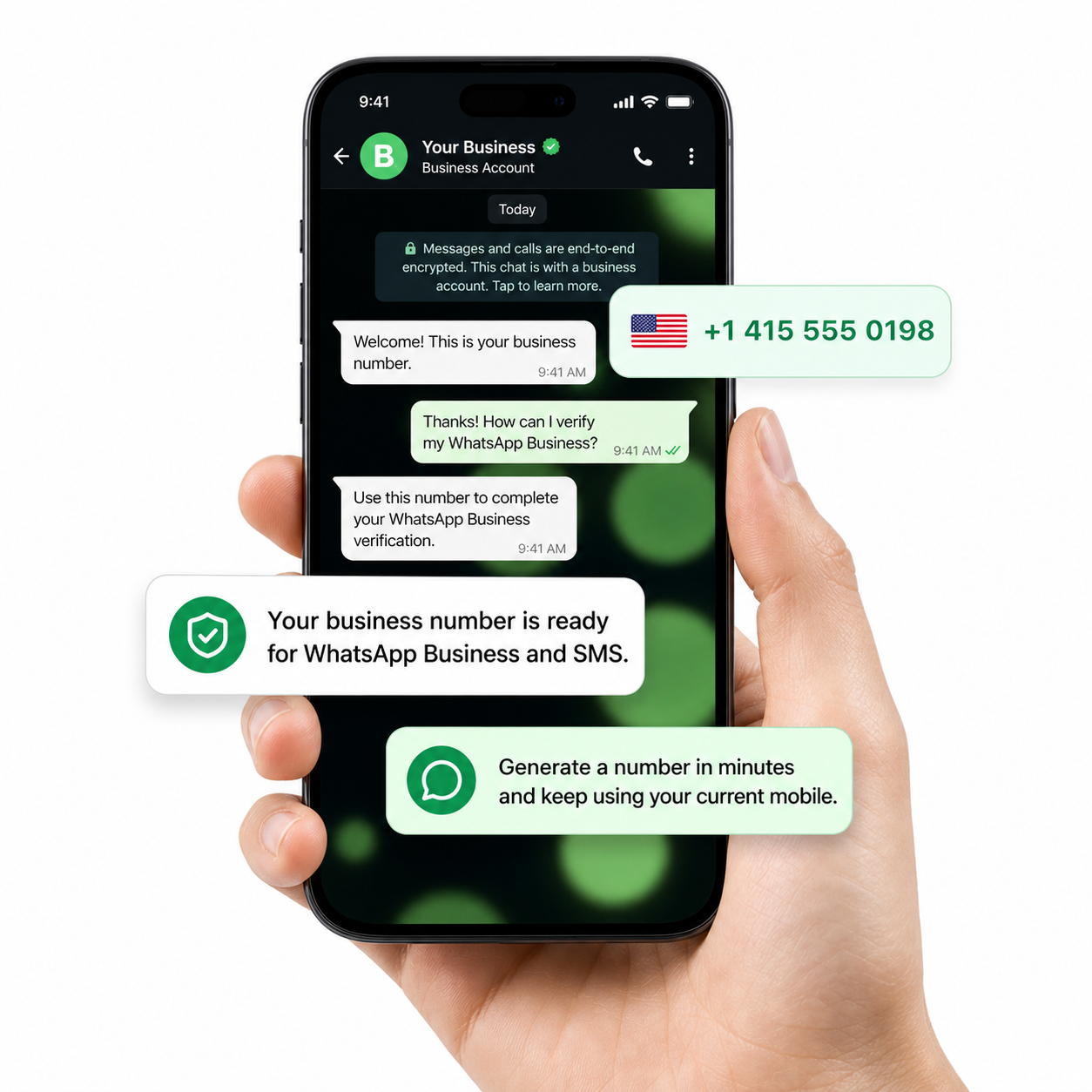 Smartphone in hand showing a virtual business number for WhatsApp Business and SMS